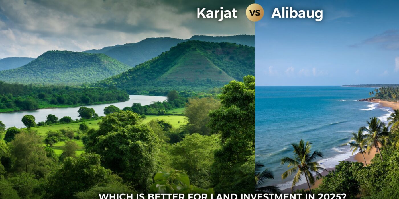 split image comparing karjat green hills and river on the left with alibaugs blue ocean beach on the right headline reads karjat vs alibaug