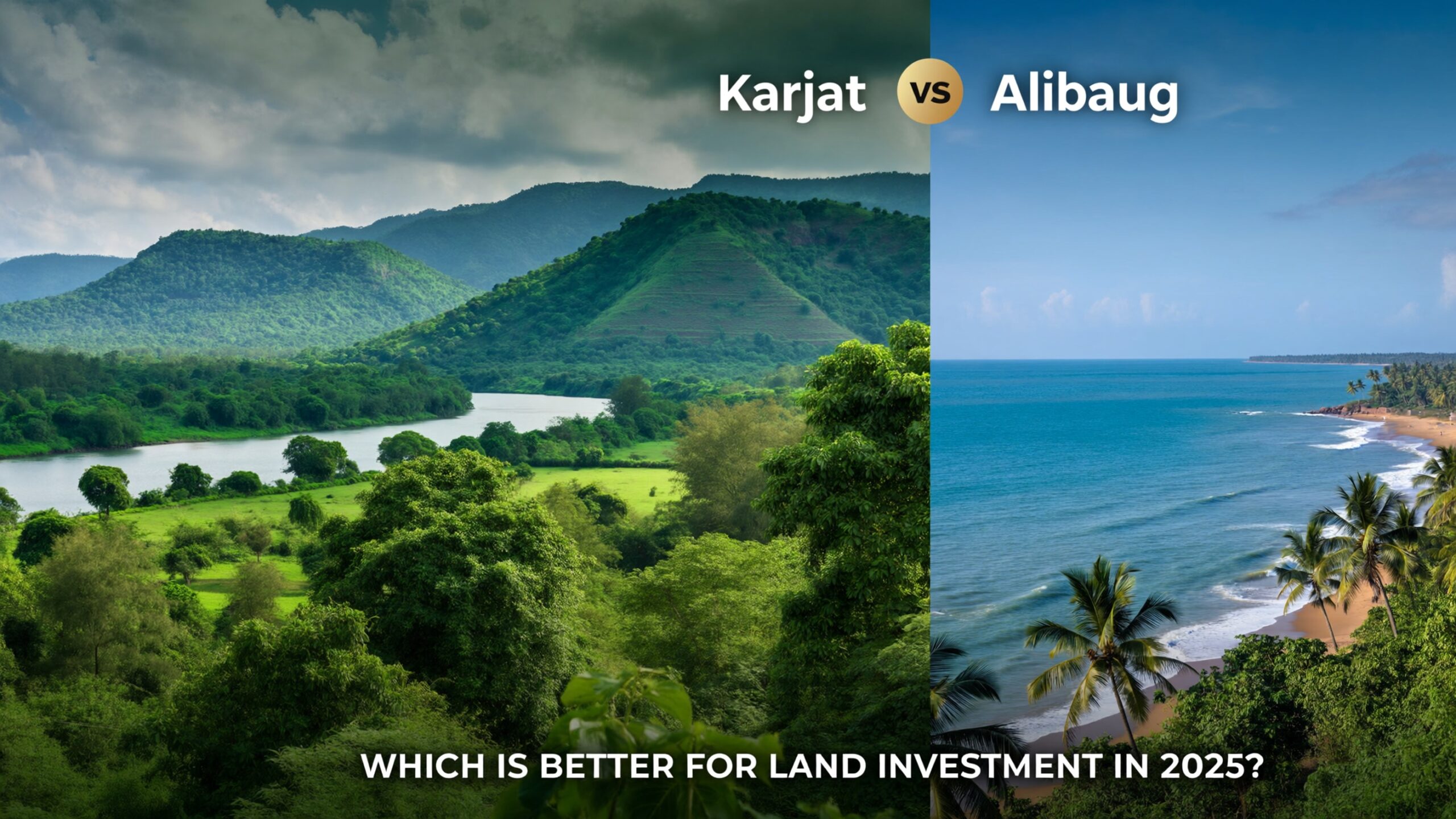 Split image comparing Karjat (green hills and river) on the left with Alibaug’s blue ocean beach on the right; headline reads 'Karjat vs Alibaug'.