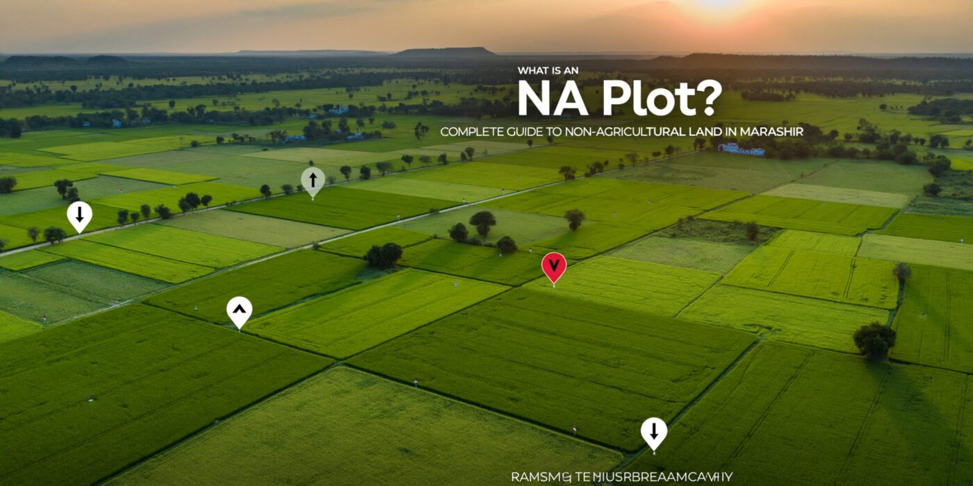 aerial view of patchwork green farmland at sunset with location pins and the title about na plots and non agricultural land in marashir