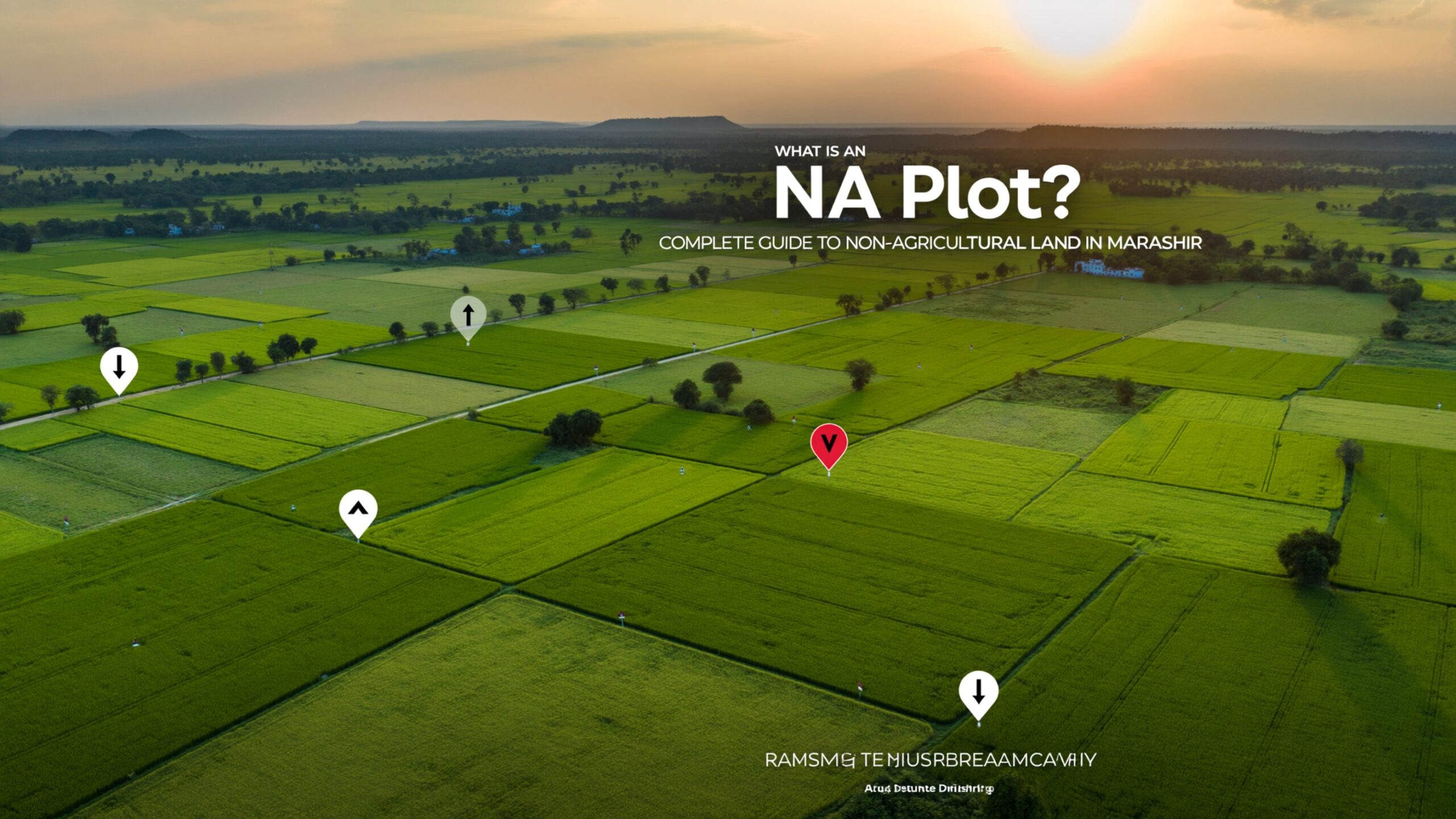 Aerial view of patchwork green farmland at sunset with location pins and the title about NA Plots and non-agricultural land in Marashir