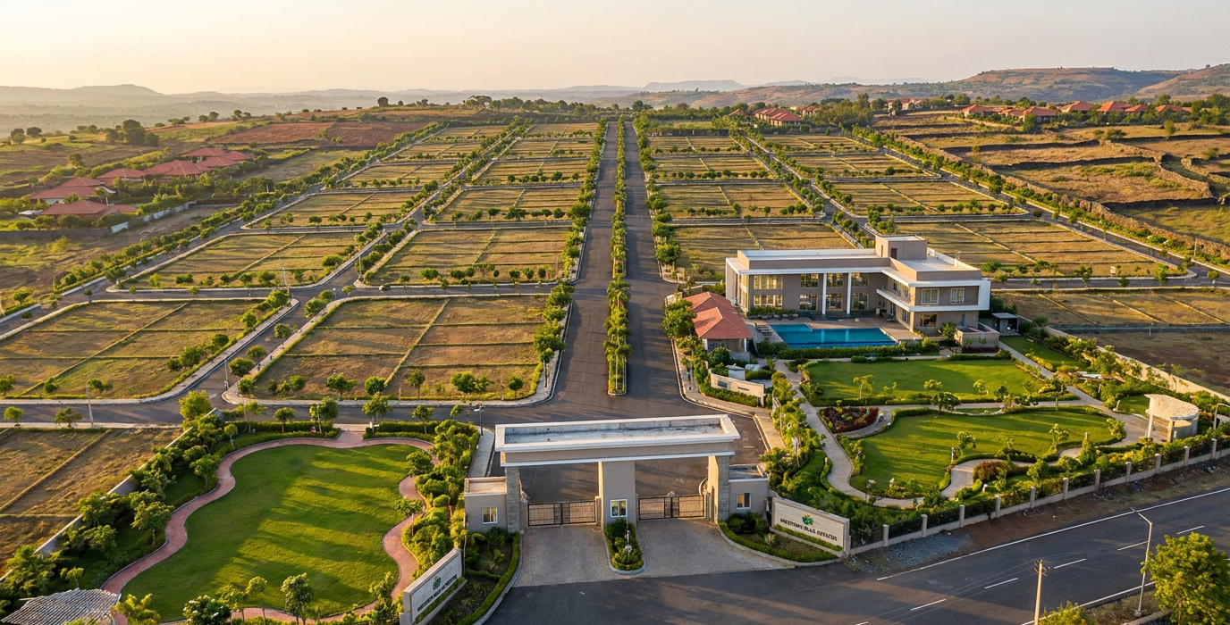 aerial view of a gated residential estate with neatly lined plots a central road and a modern clubhouse with a swimming pool