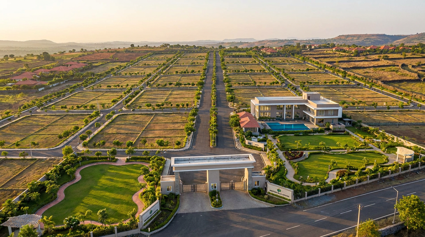 Aerial view of a gated residential estate with neatly lined plots, a central road, and a modern clubhouse with a swimming pool.