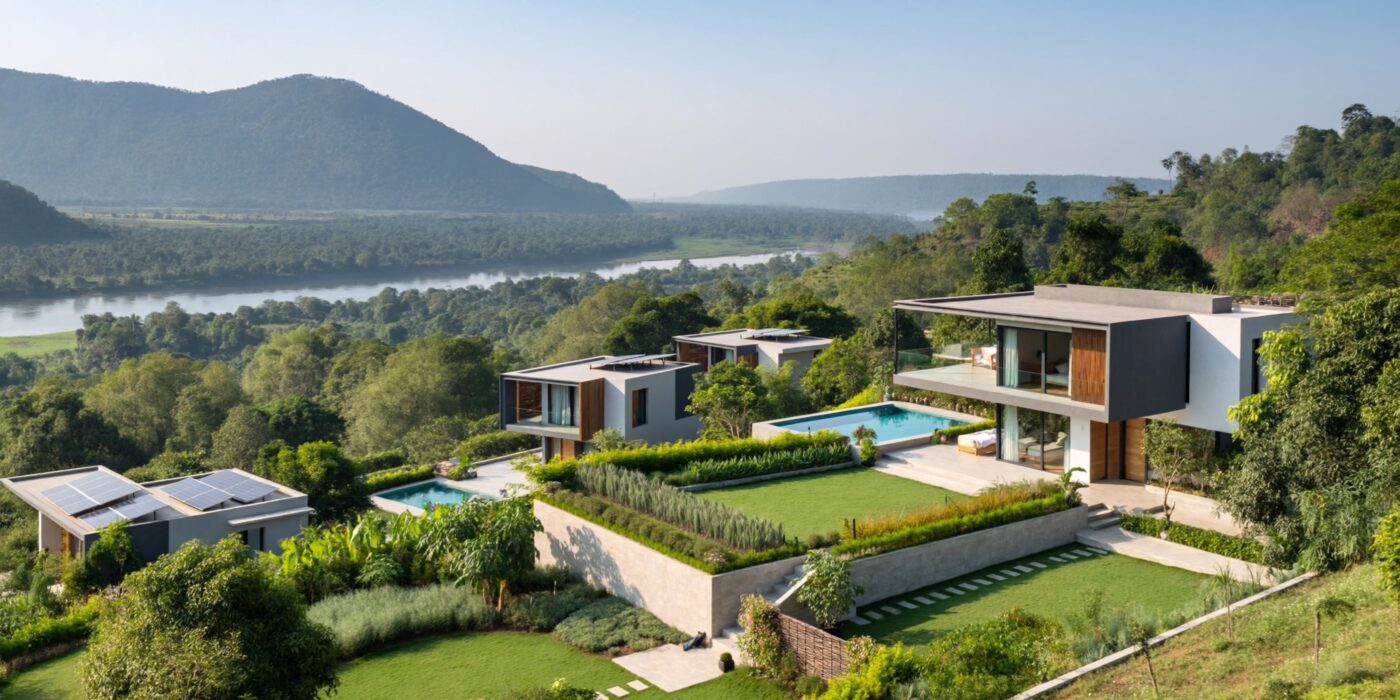 Modern hillside villas with private pools and lush landscaping overlooking a river valley and distant mountains.