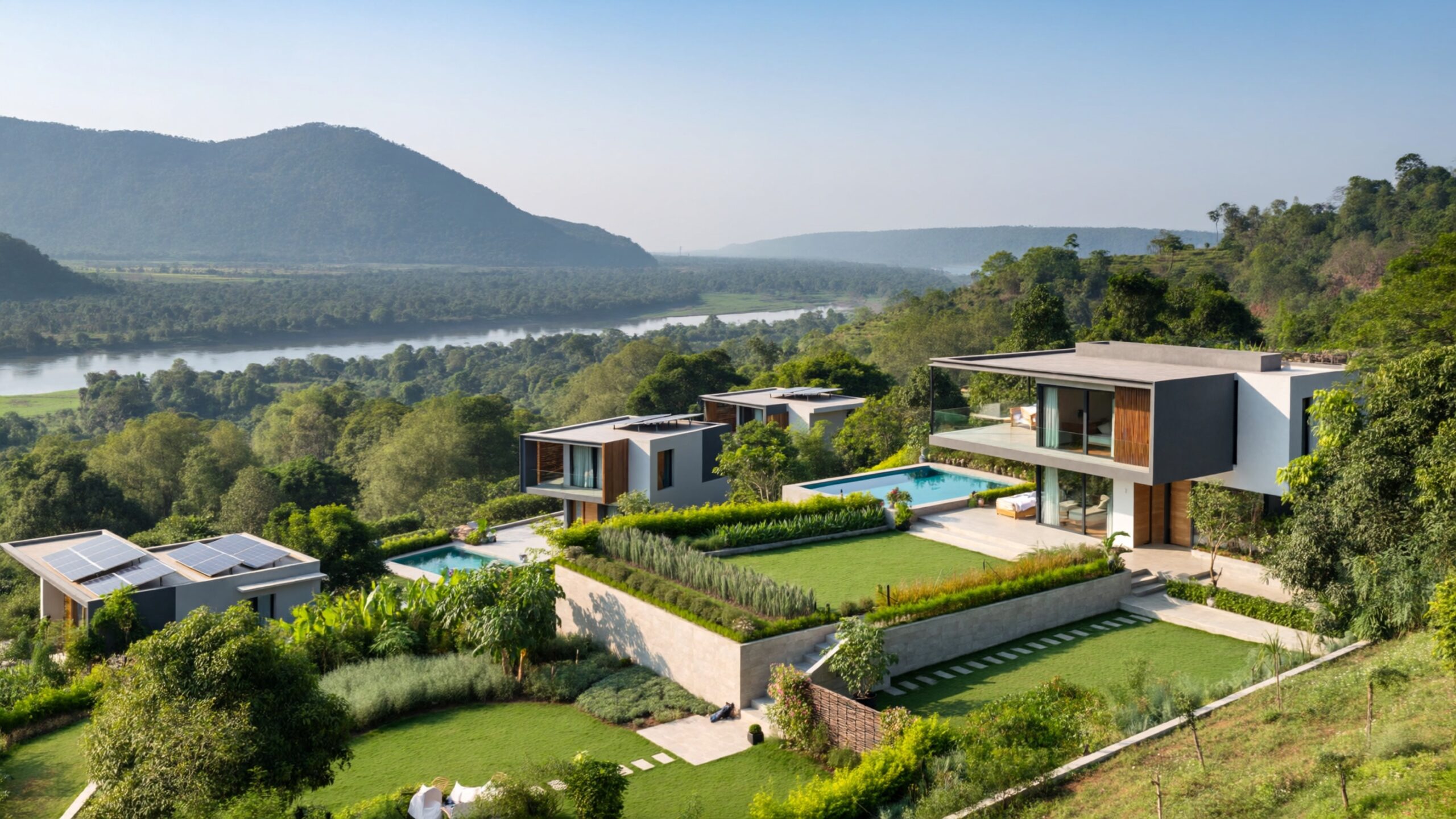 Modern hillside villas with private pools and lush landscaping overlooking a river valley and distant mountains.