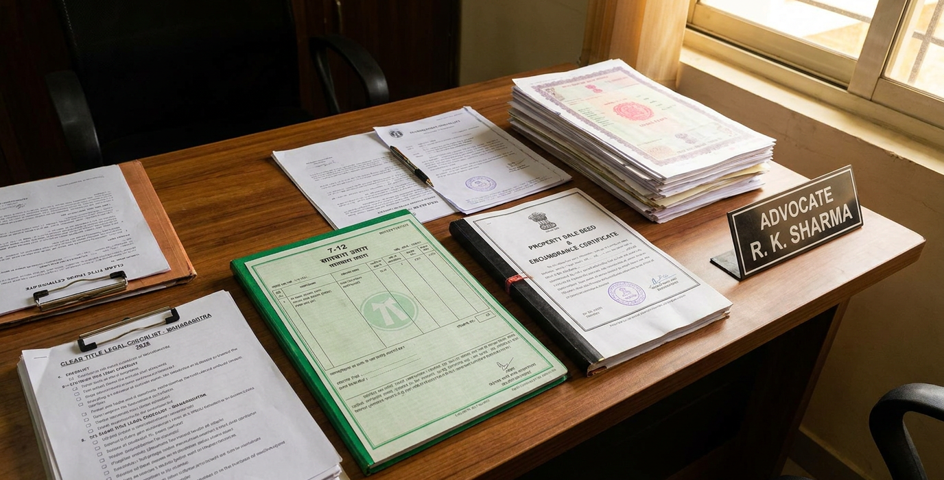 law office desk with stacked papers a green file and a nameplate saying advocate r k sharma near a sunlit window