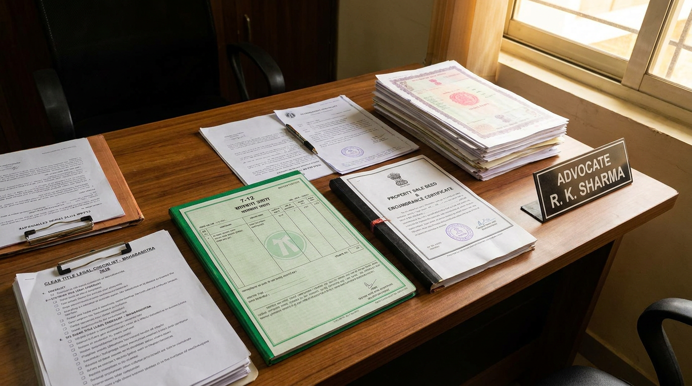 Law office desk with stacked papers, a green file, and a nameplate saying ADVOCATE R. K. SHARMA near a sunlit window.
