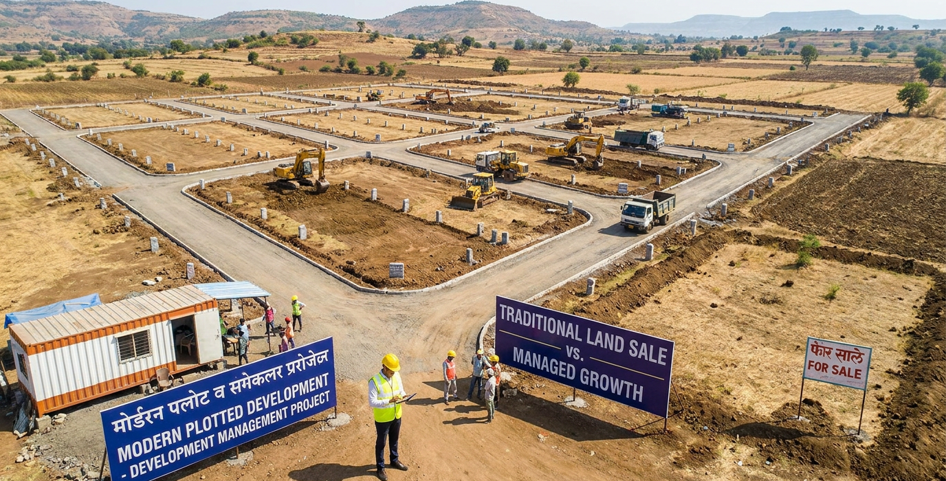 construction site with excavators and trucks on a plotted residential development signs read modern plotted development and traditional land sale vs managed growth under a clear sky