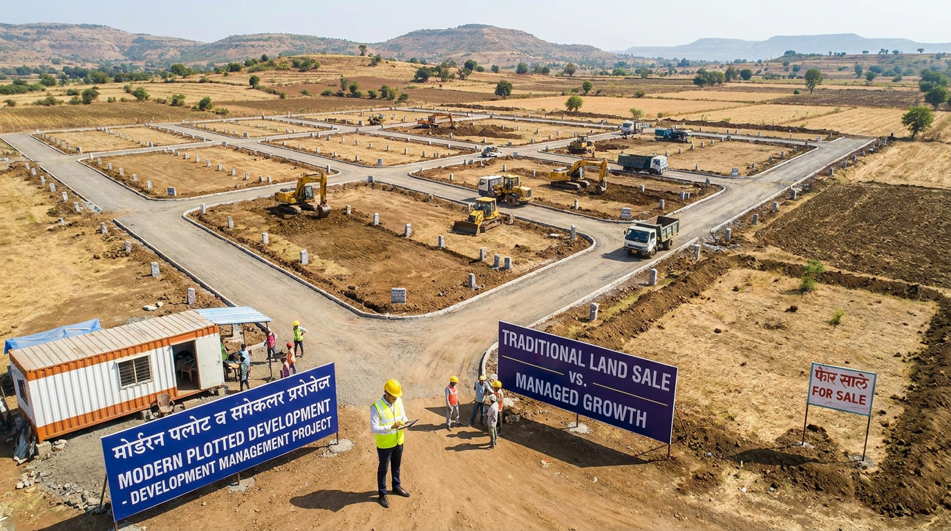 Construction site with excavators and trucks on a plotted residential development, signs read 'Modern Plotted Development' and 'Traditional Land Sale vs Managed Growth' under a clear sky