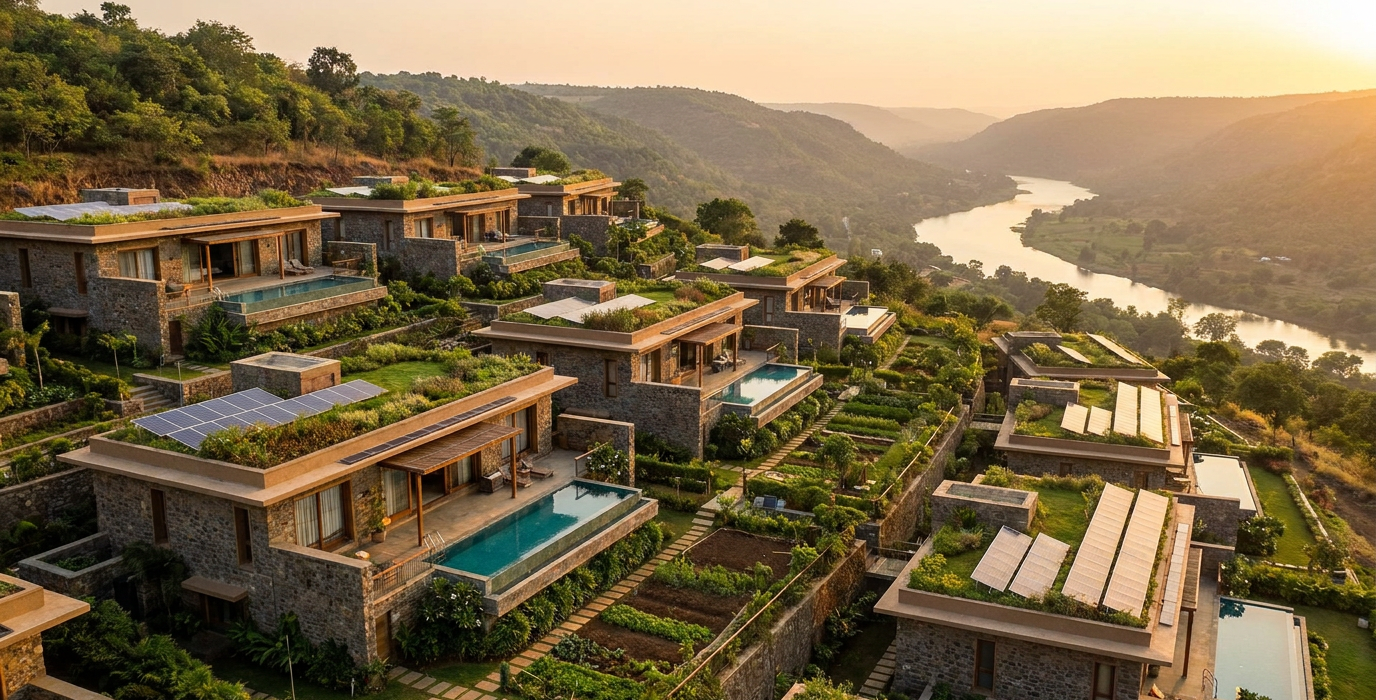 aerial view of a terraced hillside resort with stone villas each with a private pool and garden overlooking a winding river at sunset