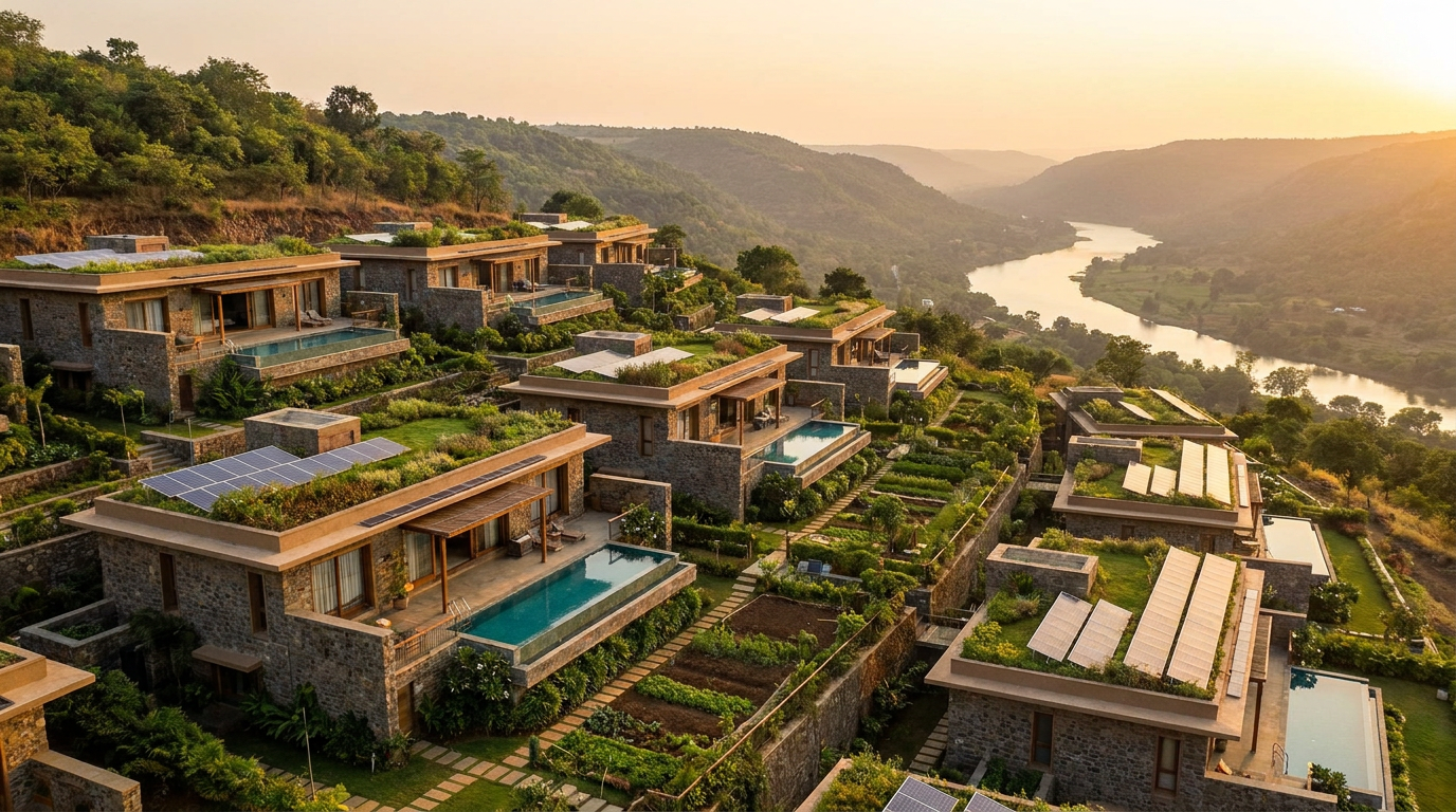 Aerial view of a terraced hillside resort with stone villas, each with a private pool and garden, overlooking a winding river at sunset.