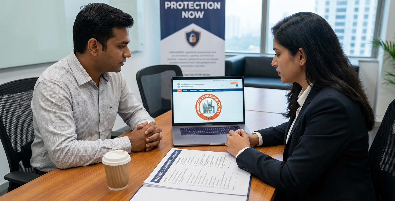 two professionals sit across from each other at a wooden table discussing a document with a laptop showing a circular logo