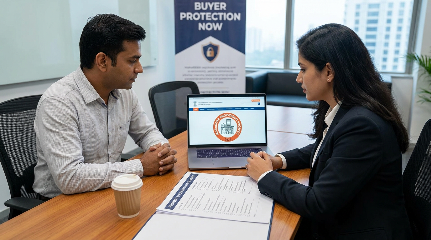 Two professionals sit across from each other at a wooden table, discussing a document with a laptop showing a circular logo.