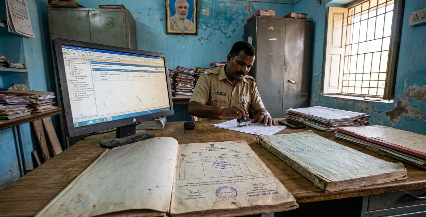 government officer in khaki uniform stamps a document at a cluttered desk with a computer monitor and stacks of files nearby in a blue walled room