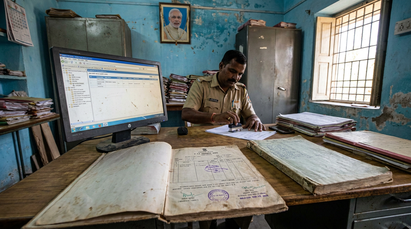 Government officer in khaki uniform stamps a document at a cluttered desk, with a computer monitor and stacks of files nearby in a blue-walled room.