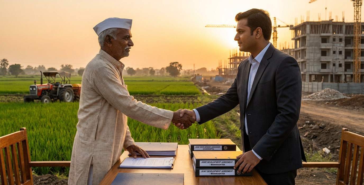 two men shake hands over a desk with folders at a construction site during sunset