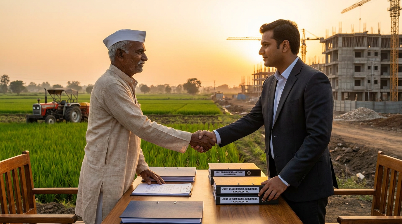Two men shake hands over a desk with folders at a construction site during sunset.
