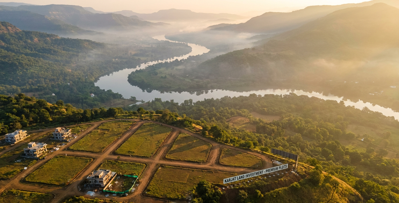 aerial view of a hillside housing plot development overlooking a winding river valley at sunrise with a large karjat land investment premium plots sign
