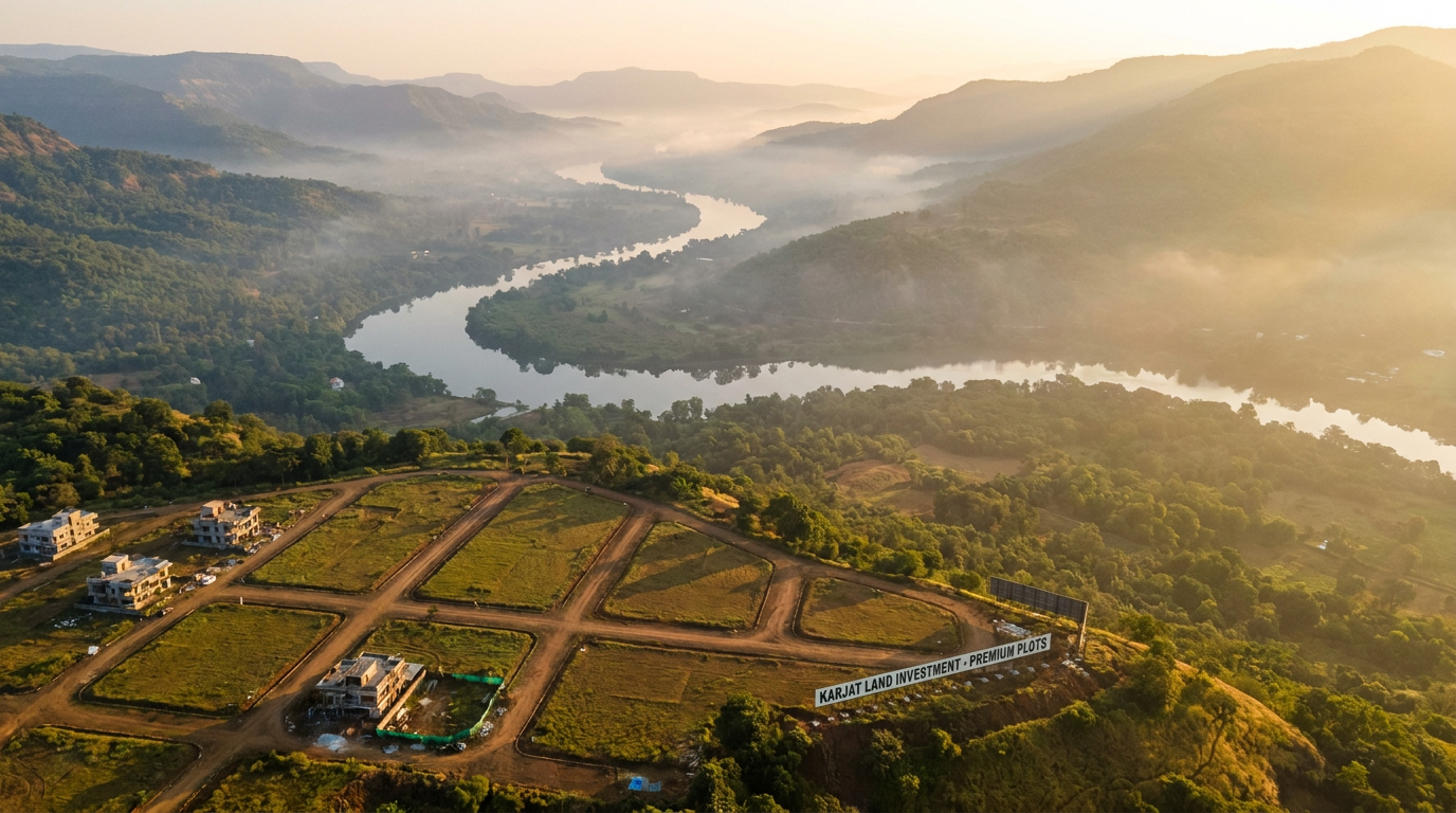 Aerial view of a hillside housing plot development overlooking a winding river valley at sunrise, with a large 'Karjat Land Investment Premium Plots' sign.