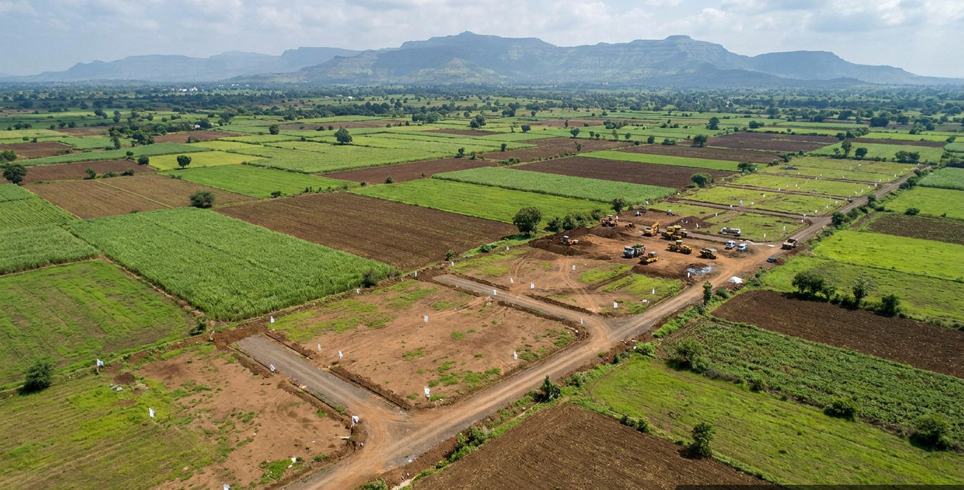 aerial view of patchwork fields with dirt roads and a construction site trucks and machinery near cleared plots against distant hillsa land development area in india october 2026