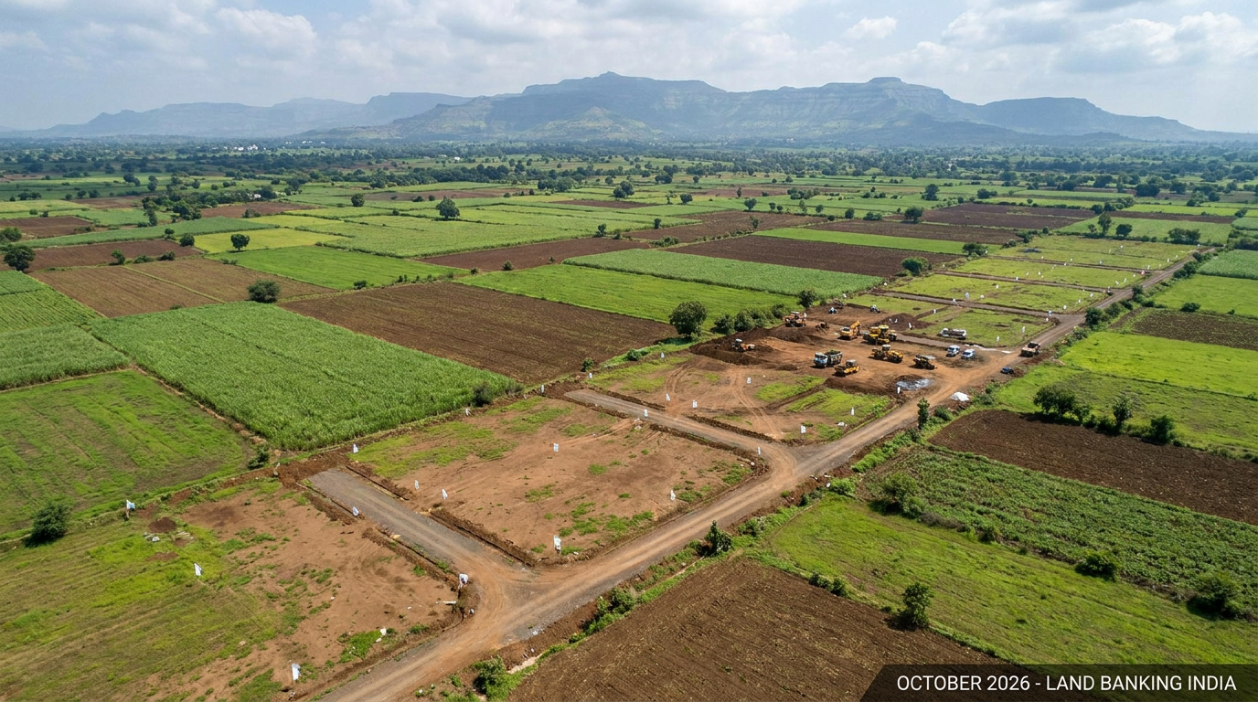 Aerial view of patchwork fields with dirt roads and a construction site, trucks and machinery near cleared plots against distant hills—a land development area in India (October 2026).