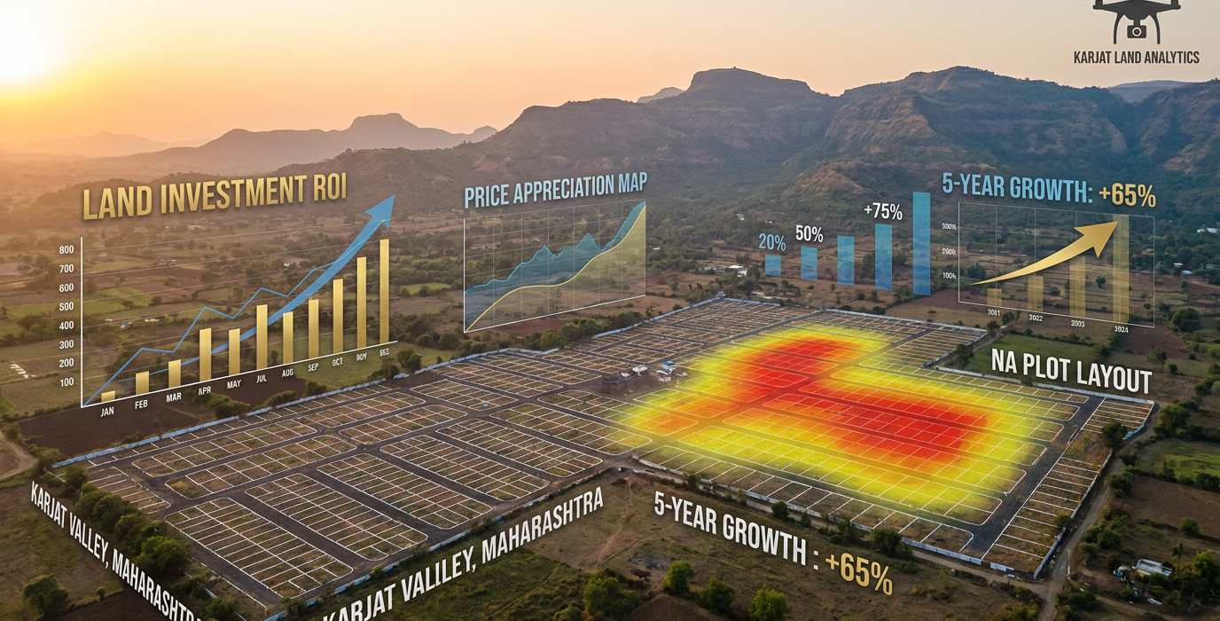 aerial view of subdivided farmland with overlaid graphs and labels for land investment roi price appreciation map and 5year growth on karjat valley plots