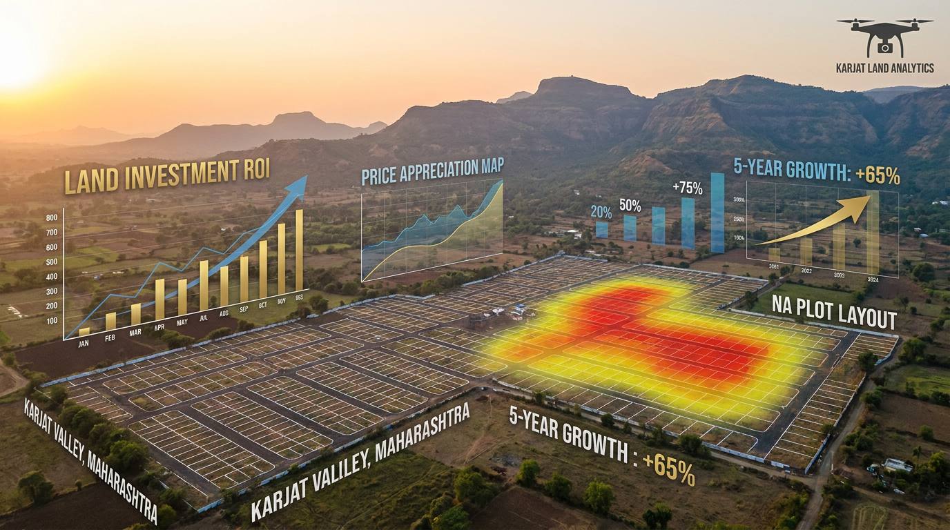 Aerial view of subdivided farmland with overlaid graphs and labels for Land Investment ROI, Price Appreciation Map, and 5‑Year Growth on Karjat Valley plots.