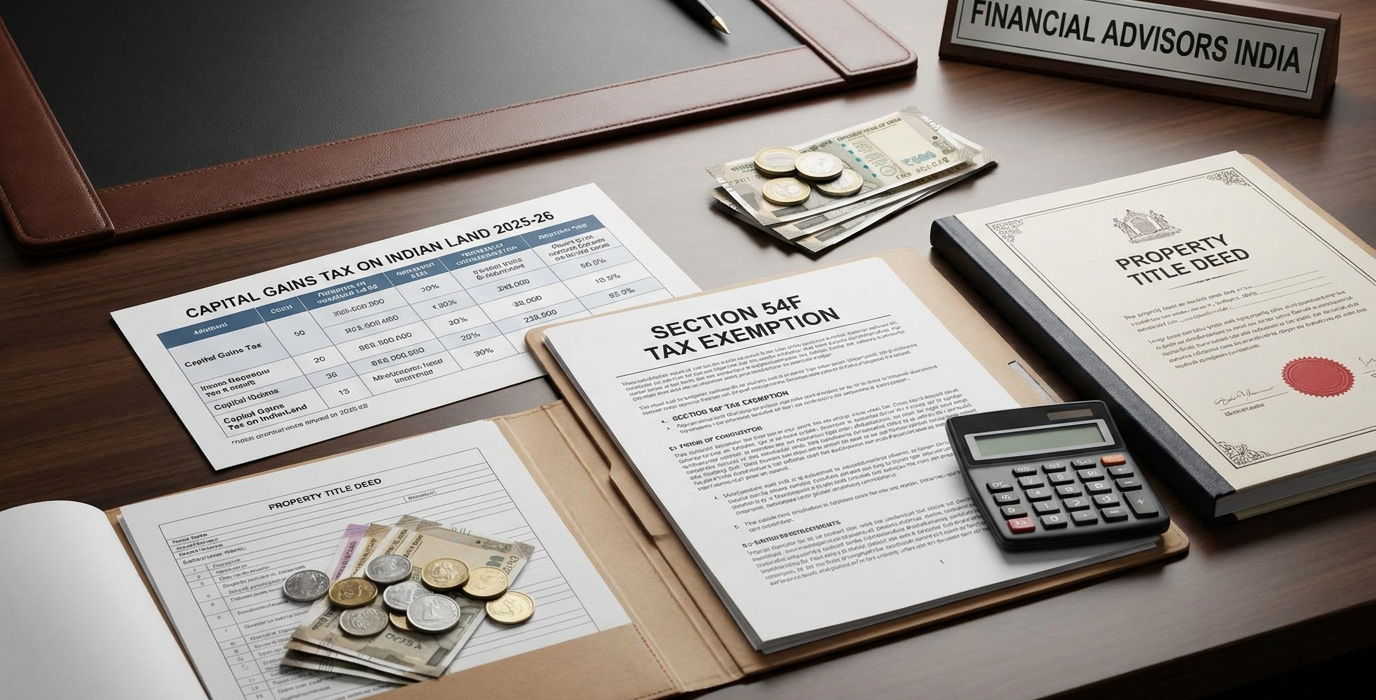 desk with tax forms property deed money stacks and a calculator for financial documents and planning