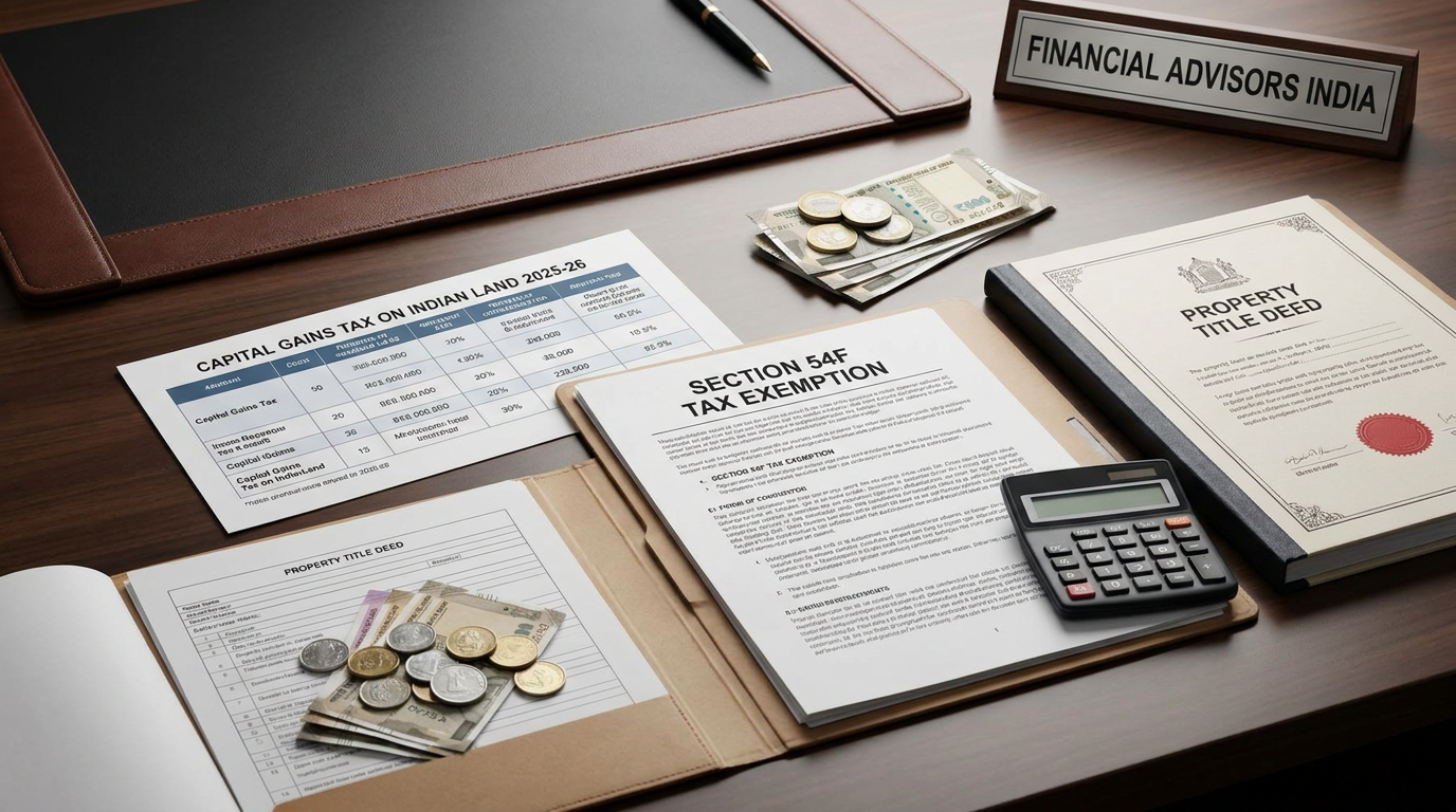 Desk with tax forms, property deed, money stacks, and a calculator for financial documents and planning