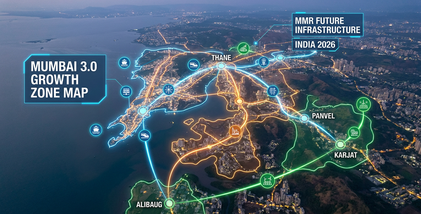 aerial map showing mumbai 30 growth zone with neon blue orange and green routes and labels for thane panvel karjat alibag plus india 2026 future infrastructure text