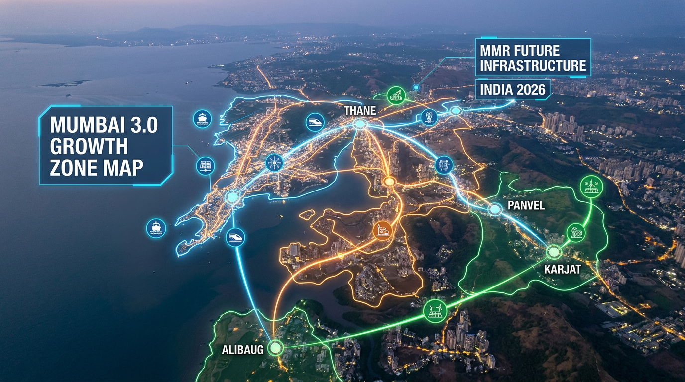 Aerial map showing Mumbai 3.0 Growth Zone with neon blue, orange and green routes and labels for Thane, Panvel, Karjat, Alibag, plus India 2026 future infrastructure text.