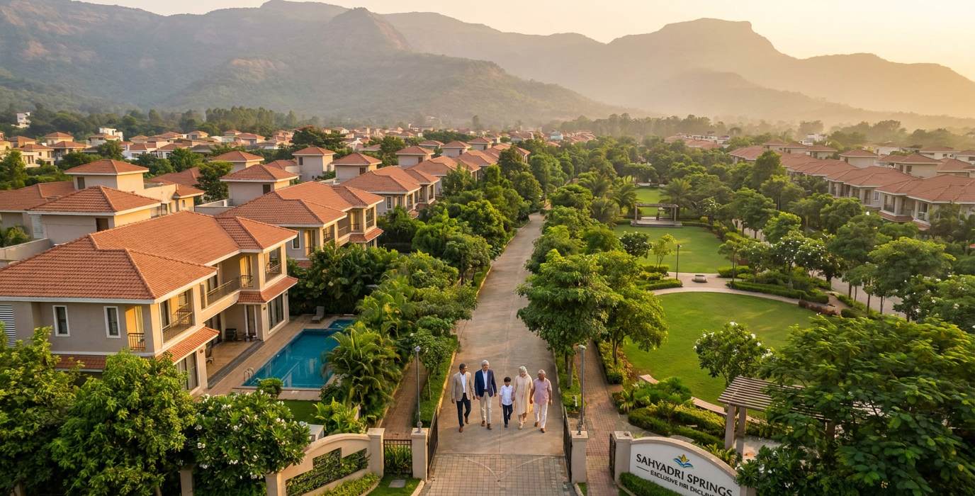 aerial view of a resort complex with orange tiled roofs green lawns and a central walkway where a group of people stroll toward the camera mountains in the background
