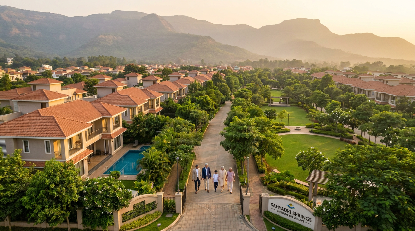 Aerial view of a resort complex with orange-tiled roofs, green lawns, and a central walkway where a group of people stroll toward the camera, mountains in the background.
