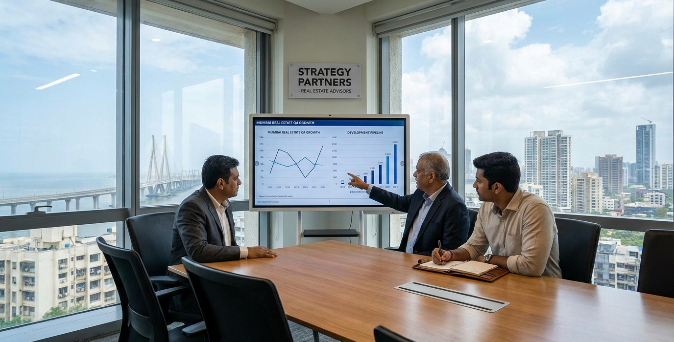 three businesspeople in a glass walled conference room watch a presentation on a large monitor displaying charts with a city skyline outside the windows