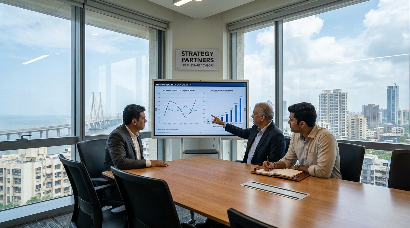 Three businesspeople in a glass-walled conference room watch a presentation on a large monitor displaying charts, with a city skyline outside the windows.