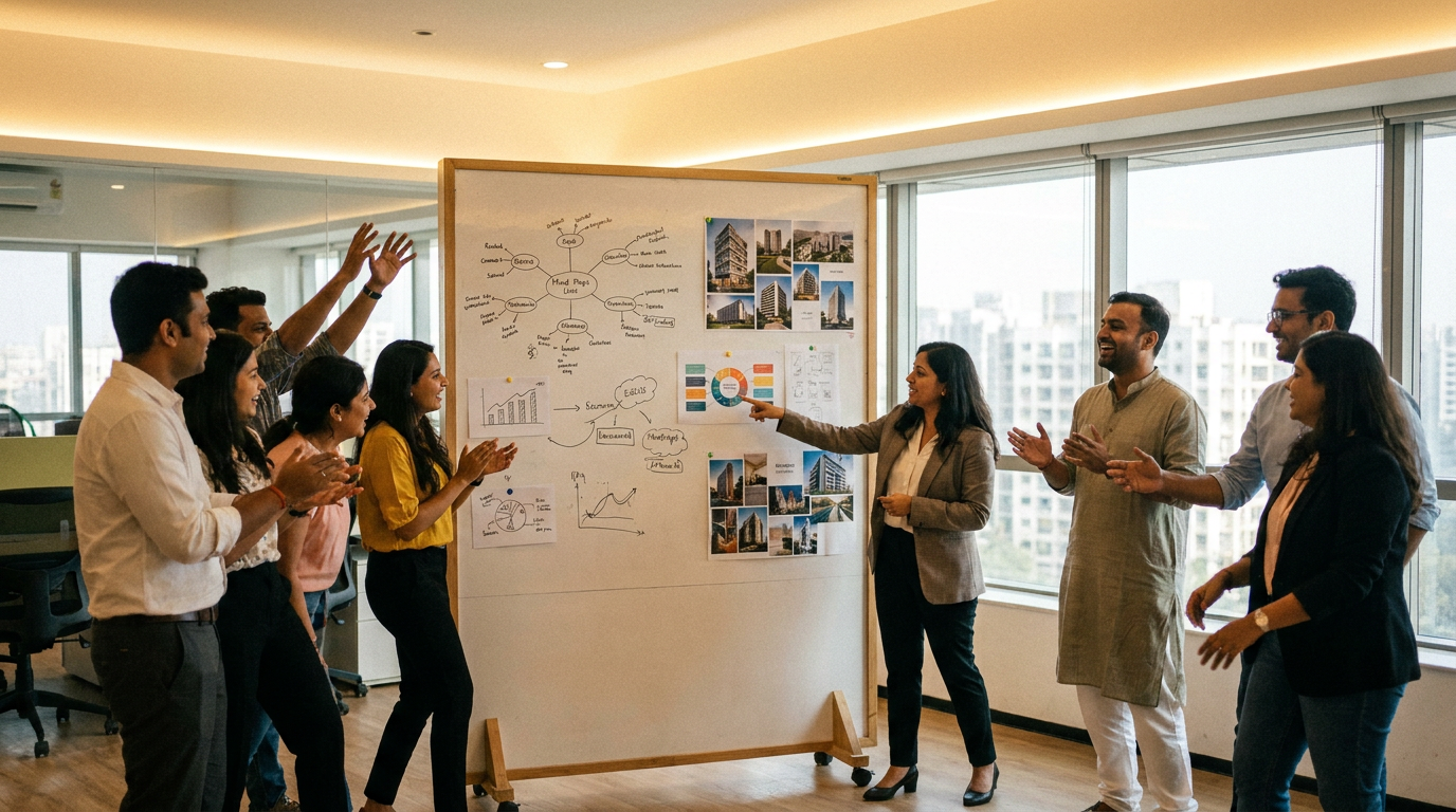 Real estate marketing strategy India — creative team at brand campaign planning for land project 2025