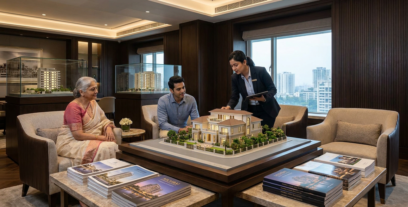 three people in a modern showroom review a detailed villa model on a raised display table with brochures nearby