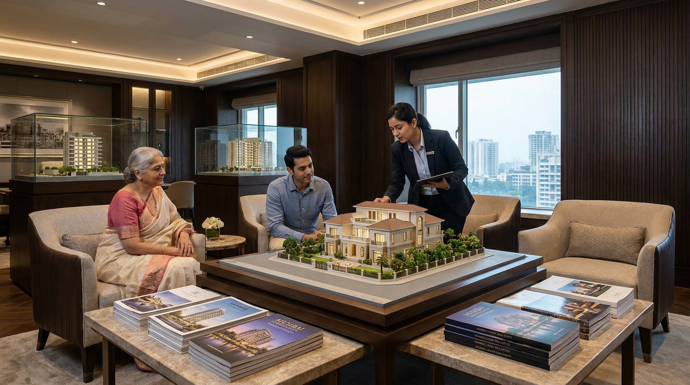 Three people in a modern showroom review a detailed villa model on a raised display table, with brochures nearby.
