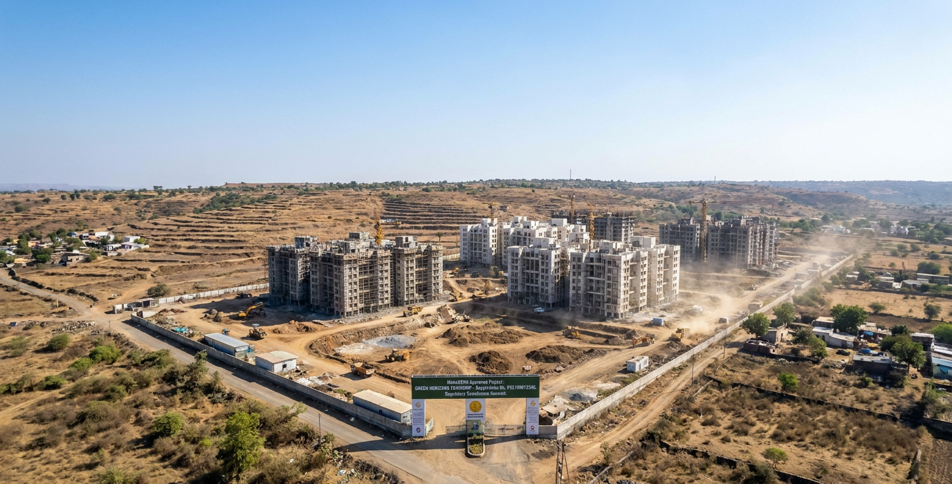 a construction site with several unfinished multi story buildings cranes overhead and a dusty yard at the entrance gate