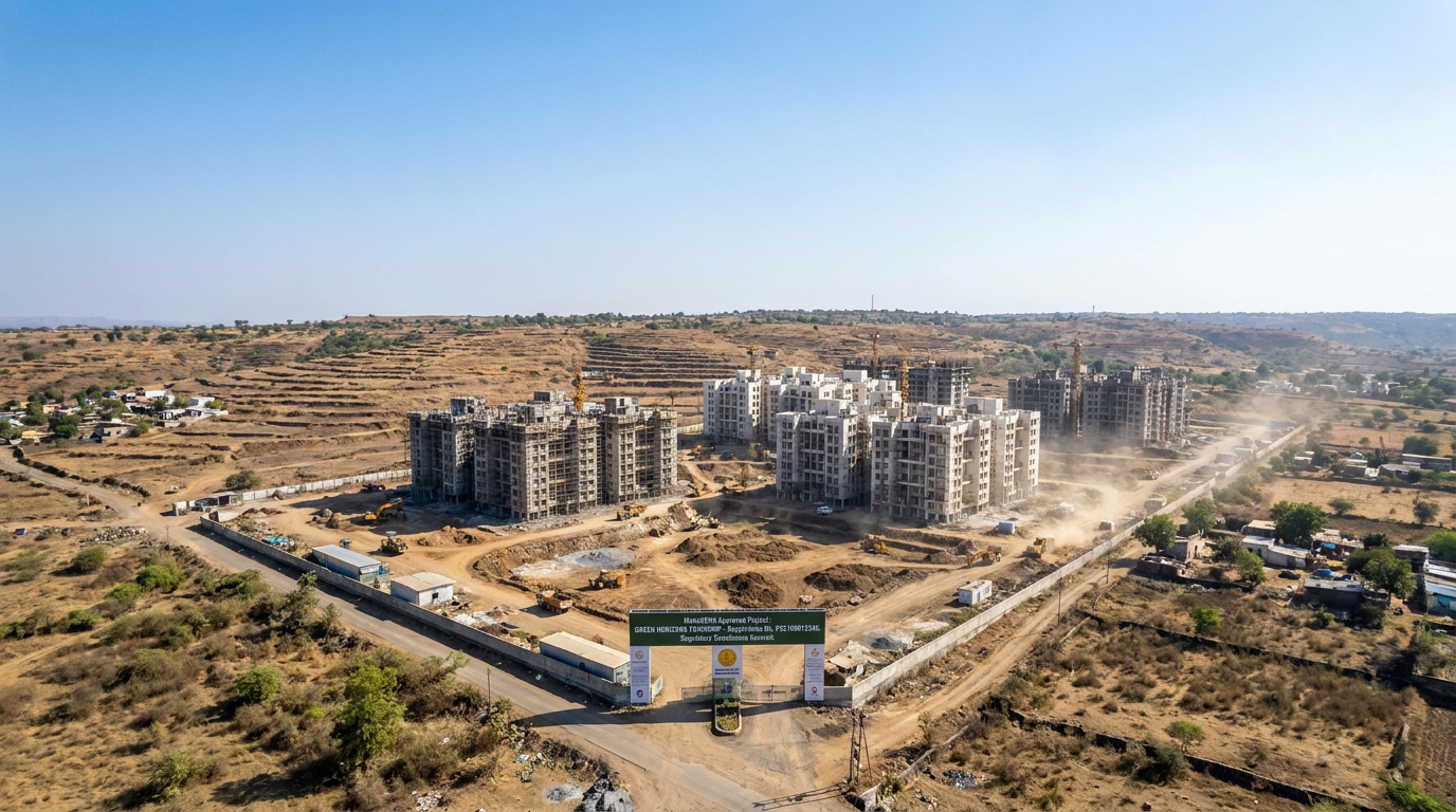 A construction site with several unfinished multi-story buildings, cranes overhead, and a dusty yard at the entrance gate.