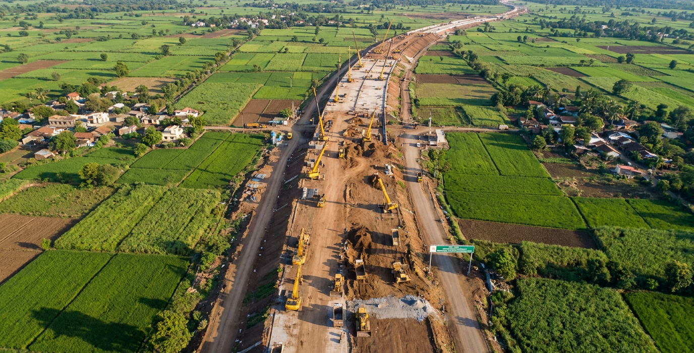 aerial view of a long road under construction through green agricultural fields with multiple excavators and dirt piles
