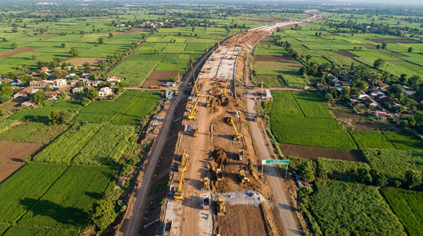 Aerial view of a long road under construction through green agricultural fields, with multiple excavators and dirt piles.
