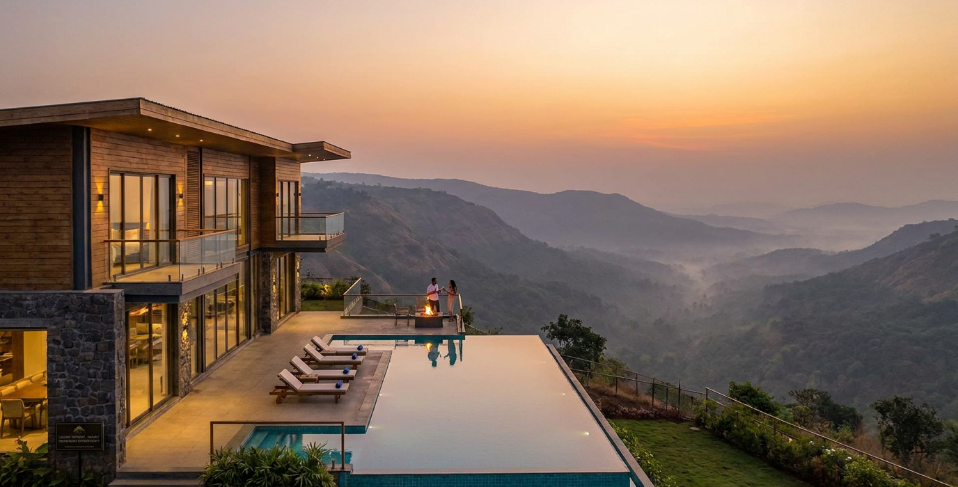 luxury hillside villa with an infinity pool and glass balconies overlooking misty mountains at sunset two people by a fire pit on the terrace