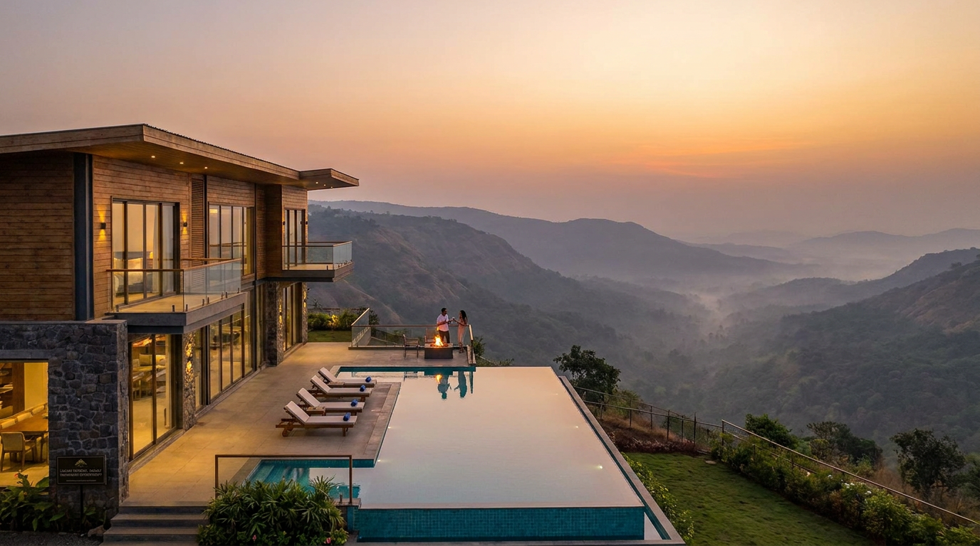 Luxury hillside villa with an infinity pool and glass balconies overlooking misty mountains at sunset; two people by a fire pit on the terrace.