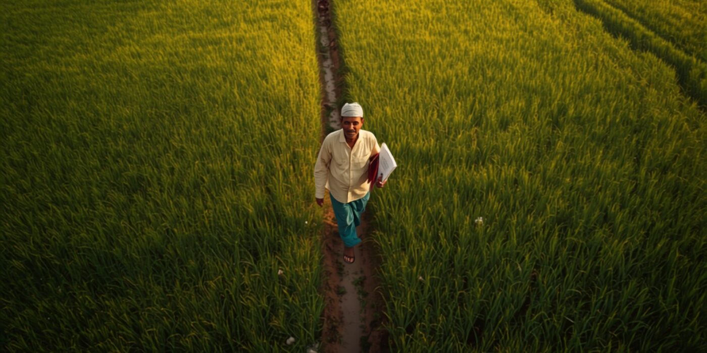 farmer in paddy field holding documents at golden hour
