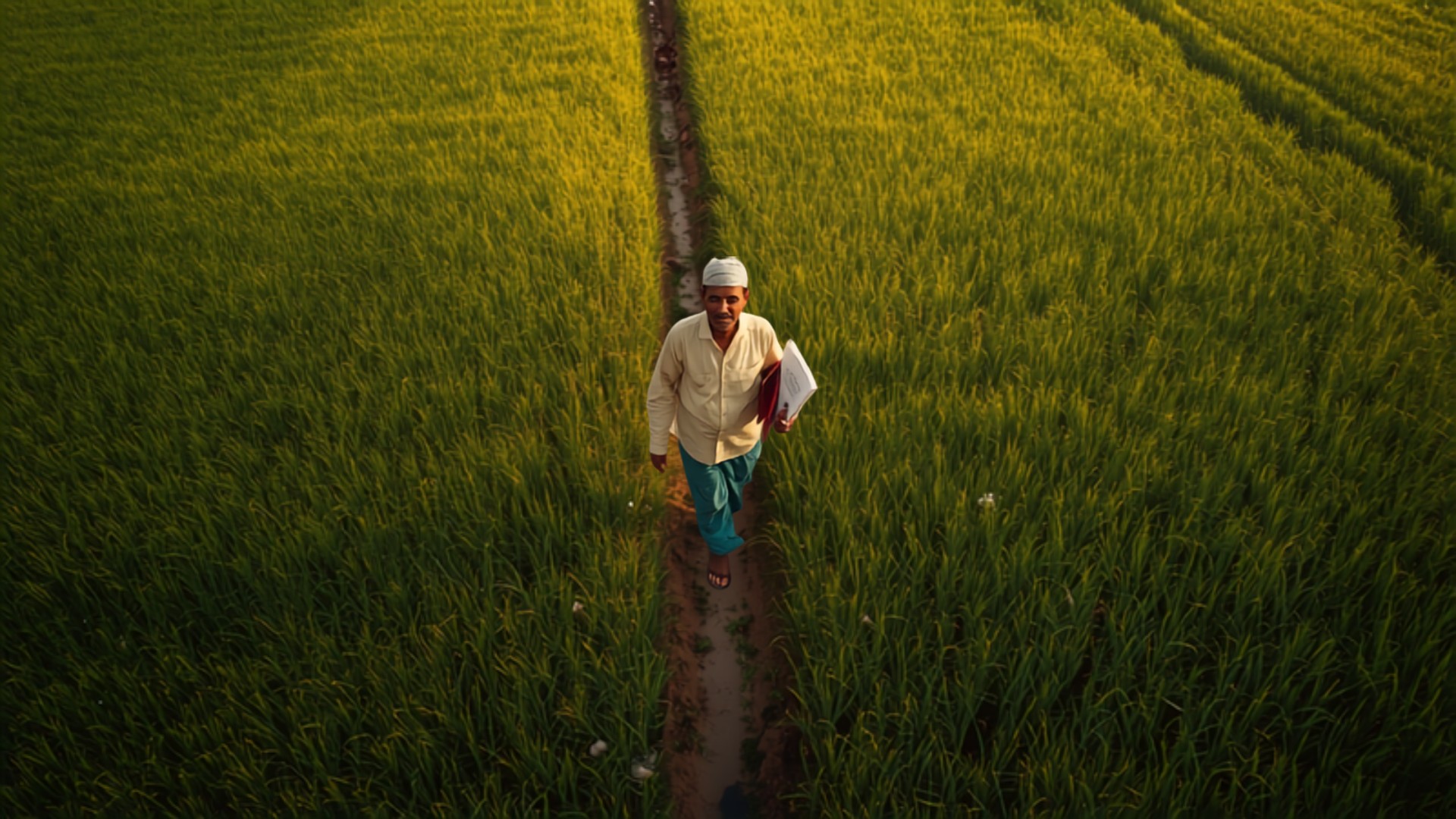 Farmer in paddy field holding documents at golden hour