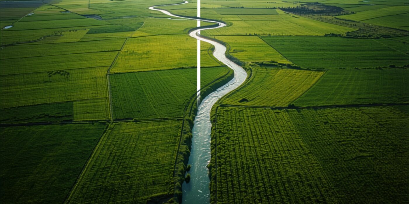 irrigation canal winding through green farmland