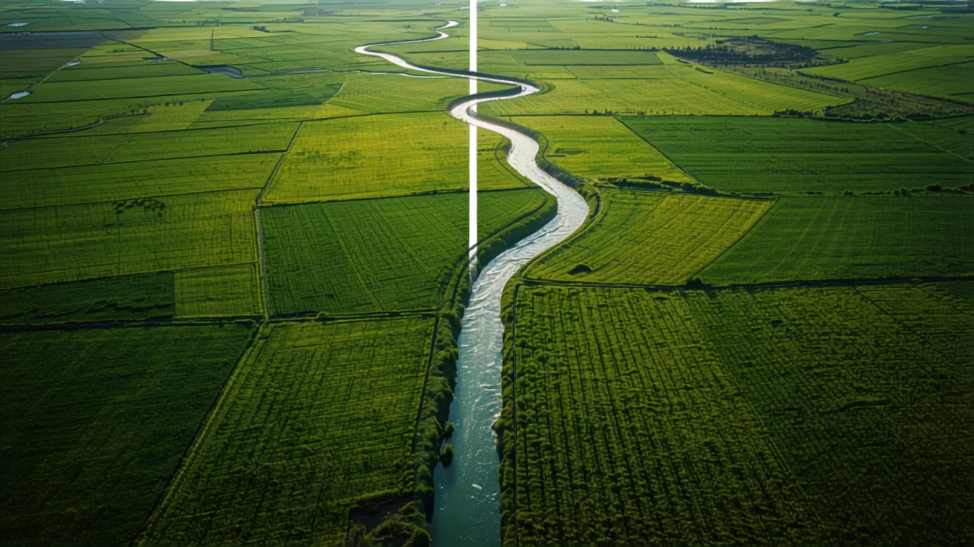 Irrigation canal winding through green farmland