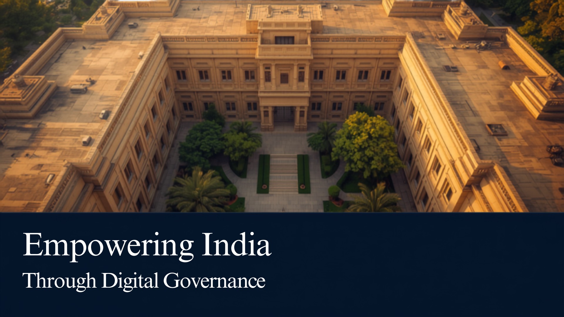 Aerial view of Indian government office building at golden hour