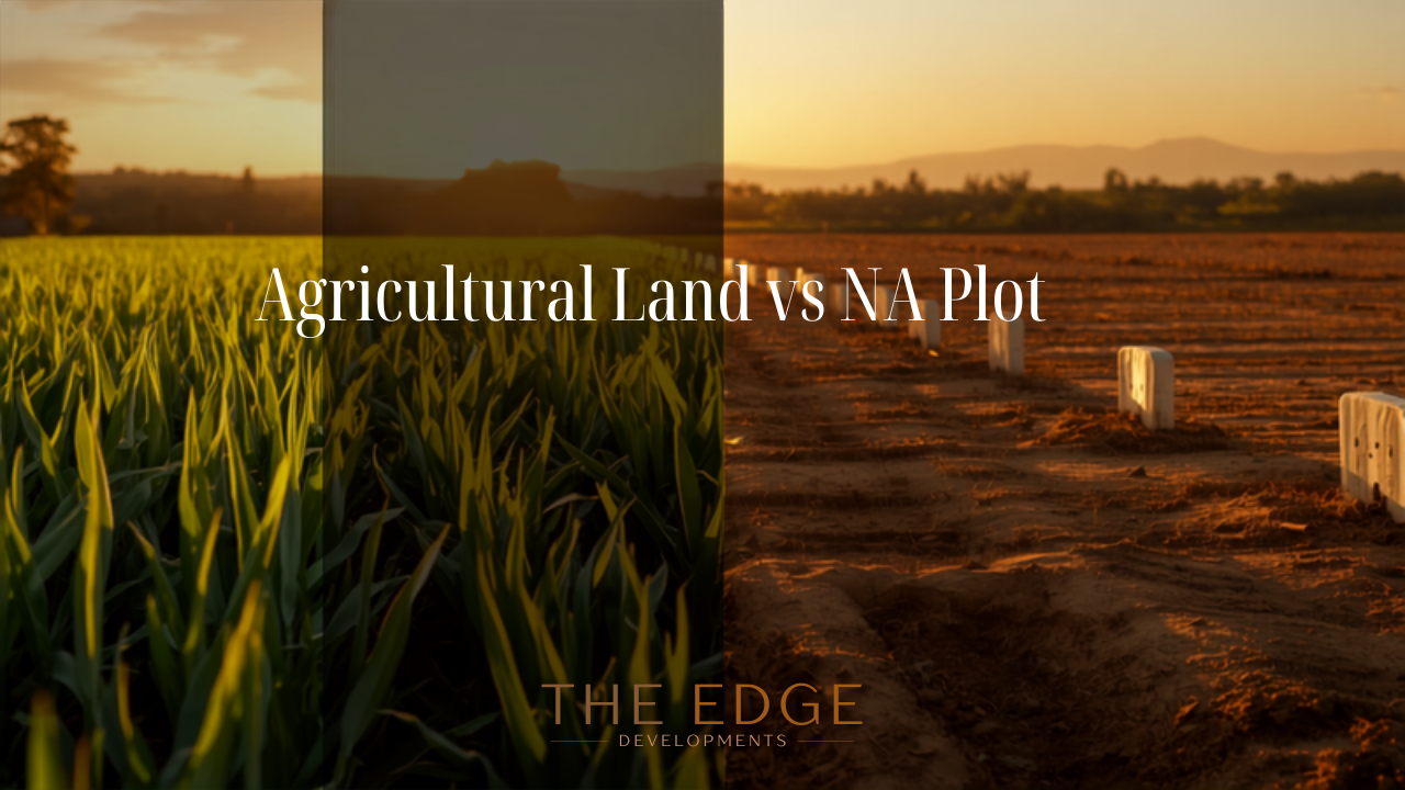 Split image of green agricultural farmland versus a demarcated NA plot — agricultural land vs NA plot Maharashtra