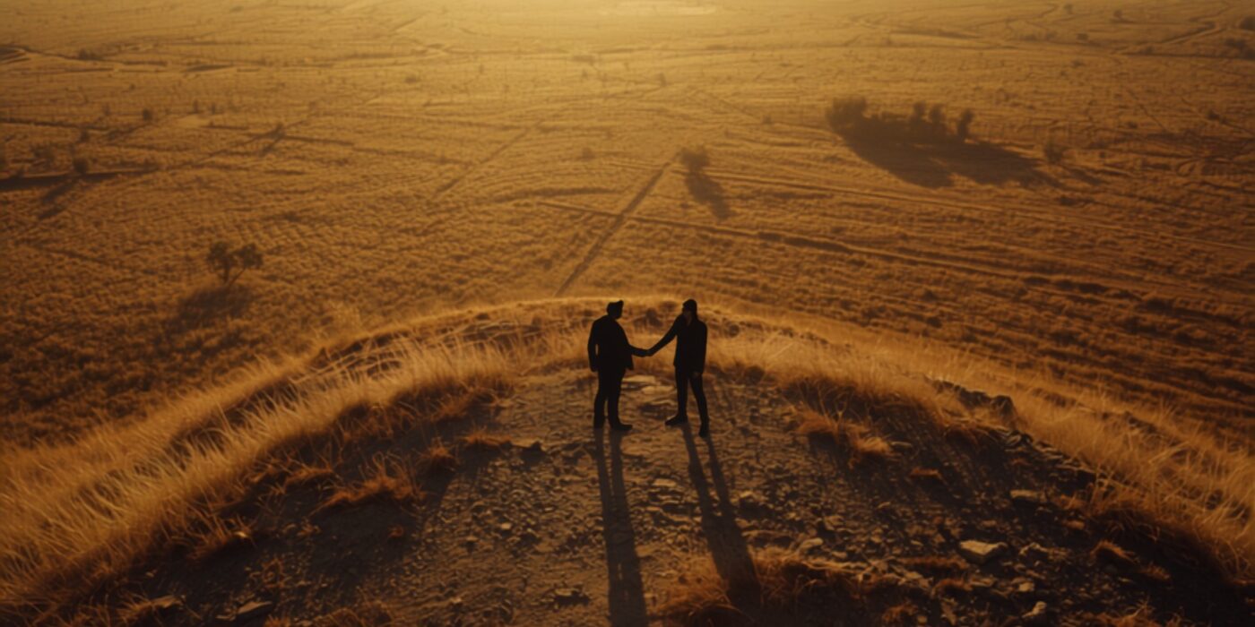 Two people silhouetted on a hilltop shake hands at sunset over a golden, barren landscape.